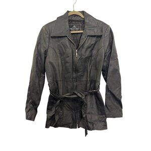 Oscar Piel Womens Leather Jacket Large Black Zip Closure Belted Waist